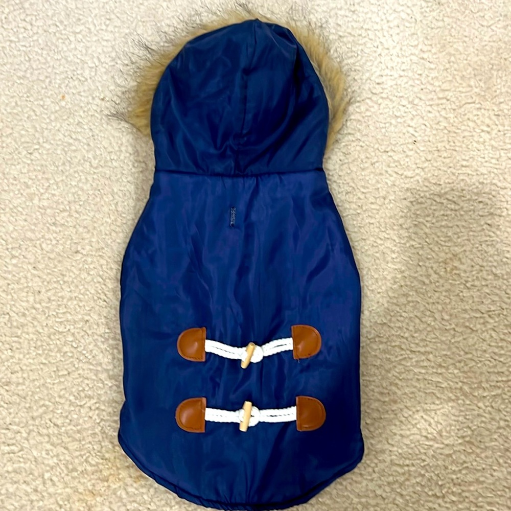 Size Small Navy & Brown Rain Jacket with Furry Hood for small pet dog
